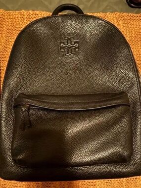 Tory Burch Black Pebbled Leather Backpack Purse with Front Zip Pocket